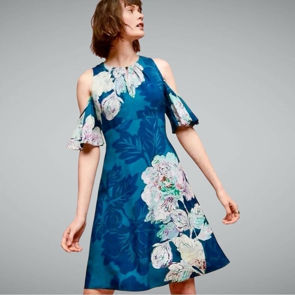 Maeve Dresses & Skirts - Maeve by Anthropologie ‘Elia’ Cold Shoulder Floral Print Dress in Turquoise 10